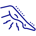 Abstract blue bird icon in flight, line-drawn with a curved body and dotted trail