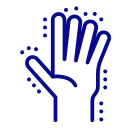 Blue outlined open hand with decorative dotted strokes around it, as a hand/gesture icon.