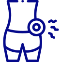 Blue line drawing of a person wearing shorts with a belt, showing a circular badge on the hip and small motion lines to indicate a fart.