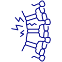 Blue line drawing of a human spine with vertebrae and a curved line on the left, illustrating back anatomy.
