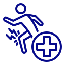 Blue medical aid icon: adult figure with a child and a circular plus symbol, signaling first aid or medical assistance.