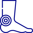 Blue outline of a safety boot with a circular target-like badge on the side near the ankle