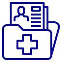 Blue medical records folder icon with a document inside, representing patient files