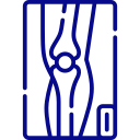 Blue line drawing of a knee joint anatomy inside a bordered square, showing the femur, patella, and tibia.