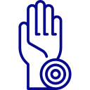 Raised hand wearing a circular health monitor on the wrist (wearable device icon).