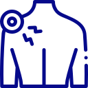 Blue line drawing of a sweater with a circular tag attached at the shoulder.